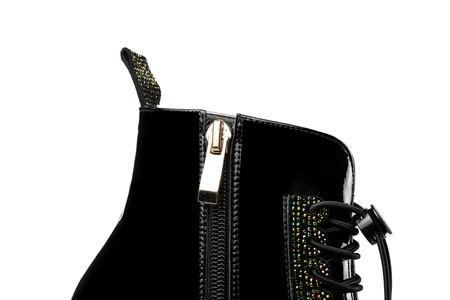 Nine Seven Handmade Women's Patent Leather Rhinestones Front Lace Up Pointed Toe Mid Chunky Heel Ankle Boots