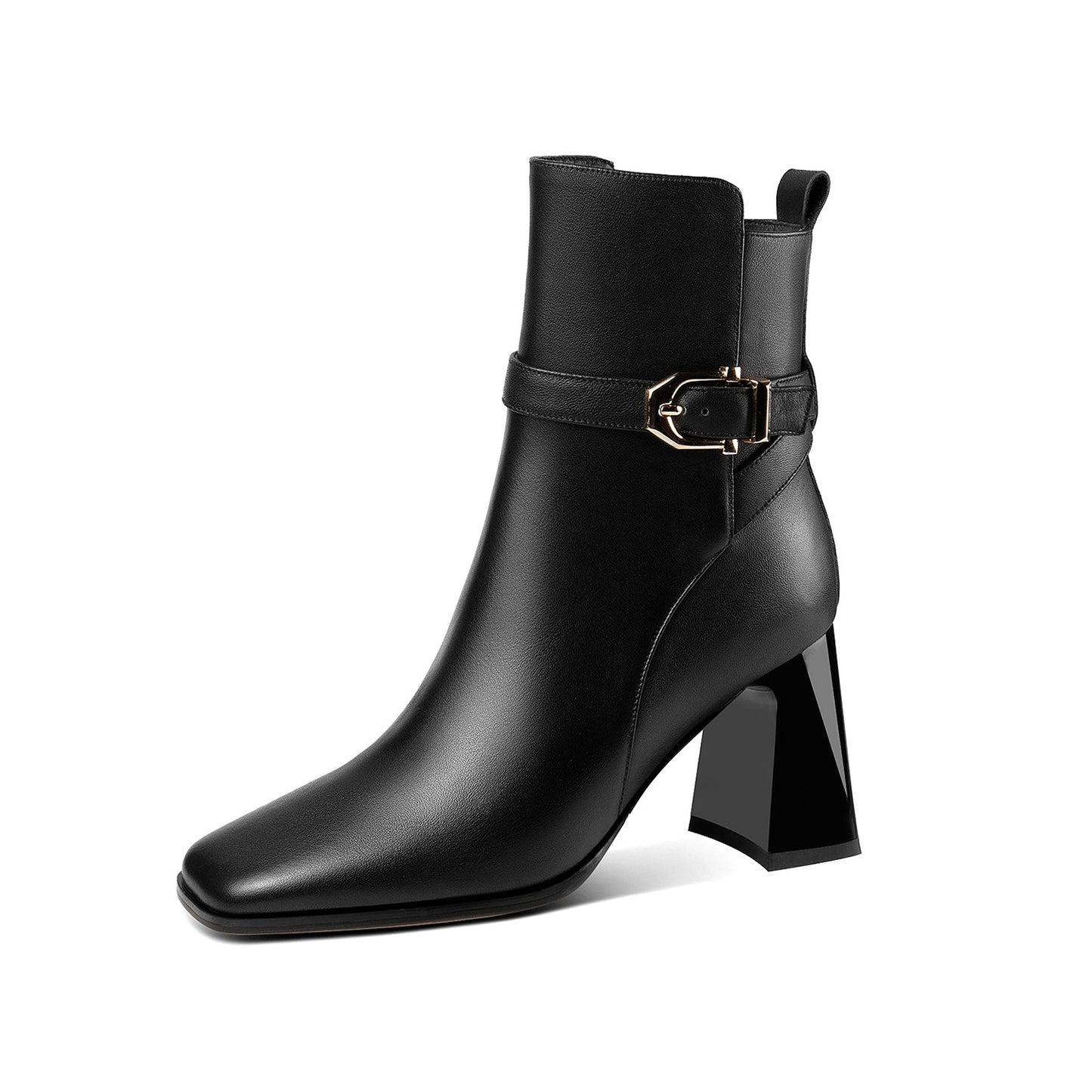 Nine Seven Handmade Women's Genuine Leather Ankle Strap Side Zipper Square Toe High Block Heel Short Boots