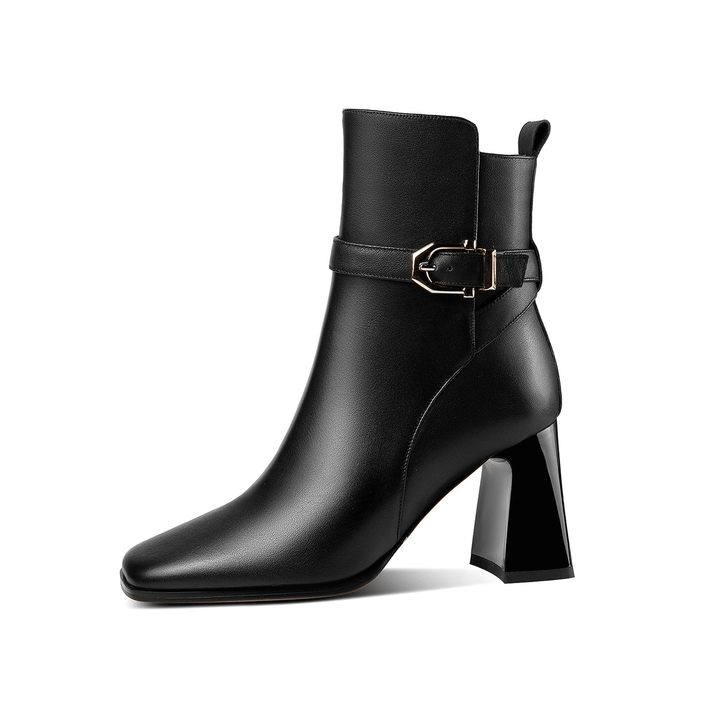 Nine Seven Handmade Women's Genuine Leather Ankle Strap Side Zipper Square Toe High Block Heel Short Boots