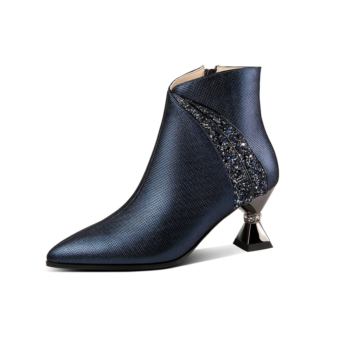 Nine Seven Handmade Women's Genuine Leather Rhinestones Woven Design Pointed Toe Side Zipper Mid Spool Heel Ankle Boots