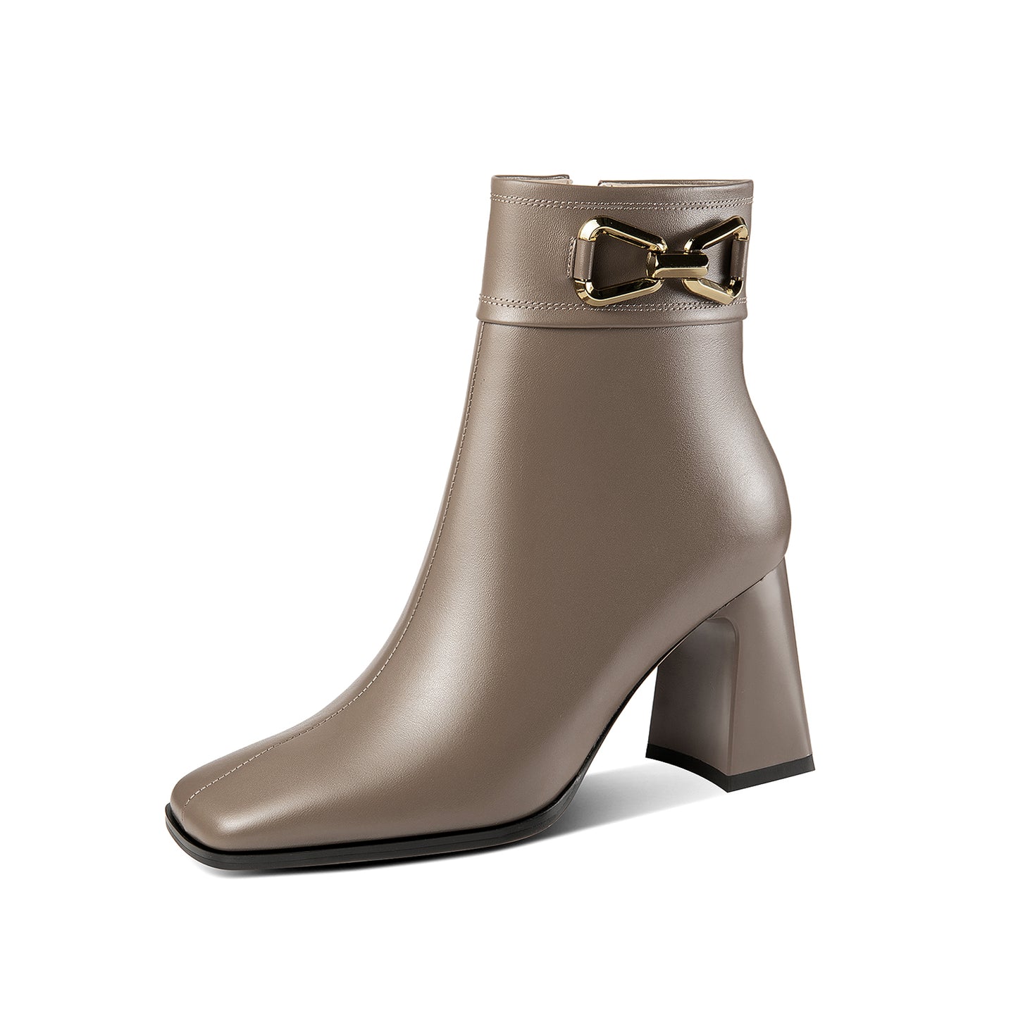 Nine Seven Women's Square Toe Genuine Leather Handmade Matal Buckle High Chunky Heel Side Zip Up Chic Ankle Boots