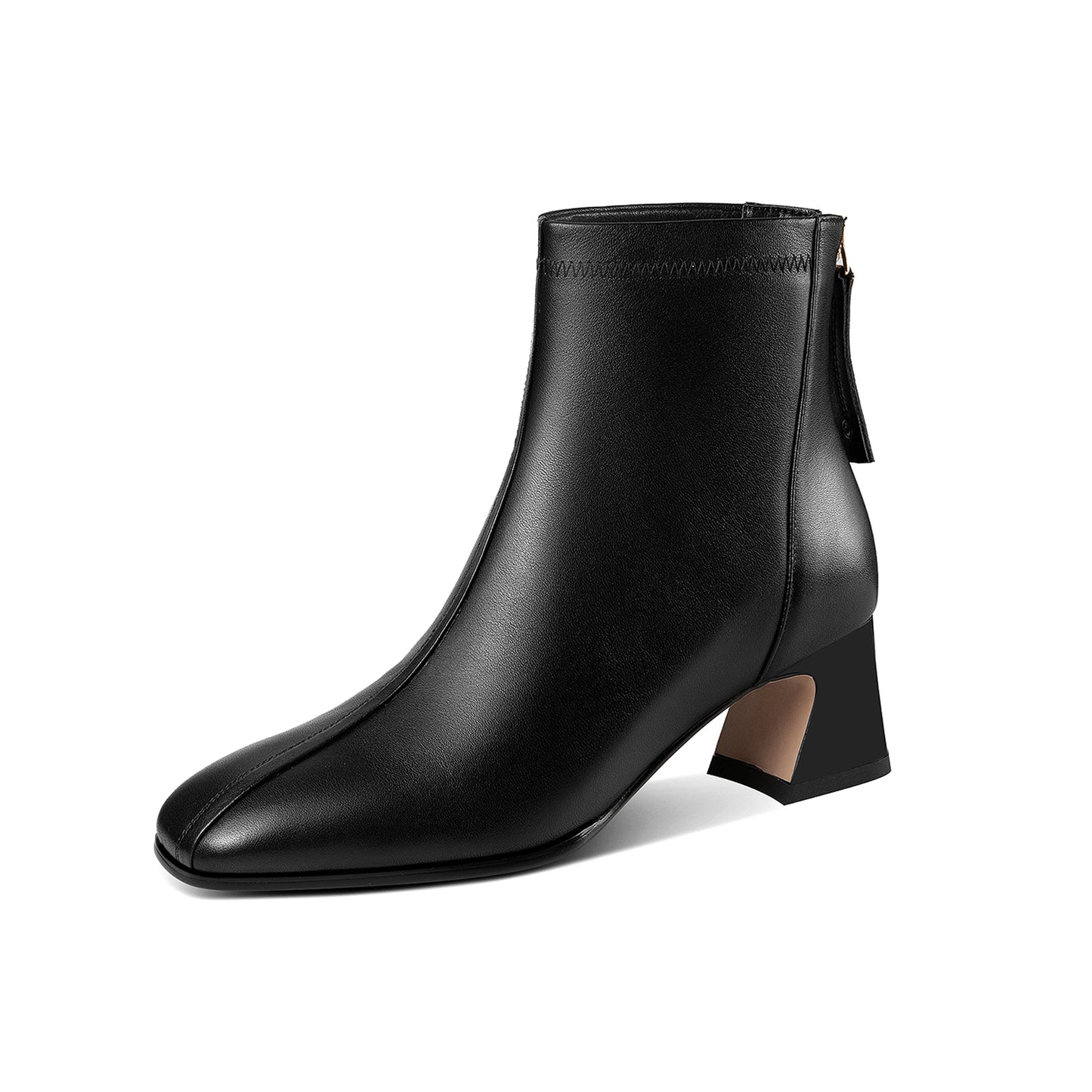 Nine Seven Handmade Women's Genuine Leather Back Zipper Square Toe Low Chunky Heel Ankle Boots