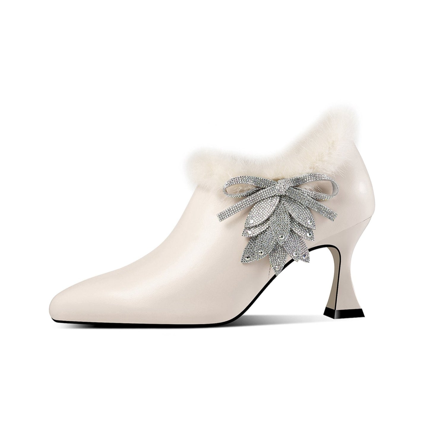 Nine Seven Women's Handmade Genuine Leather High Spool Heel Side Zip Up Floral Pattern and Fur Design Oxford Pumps