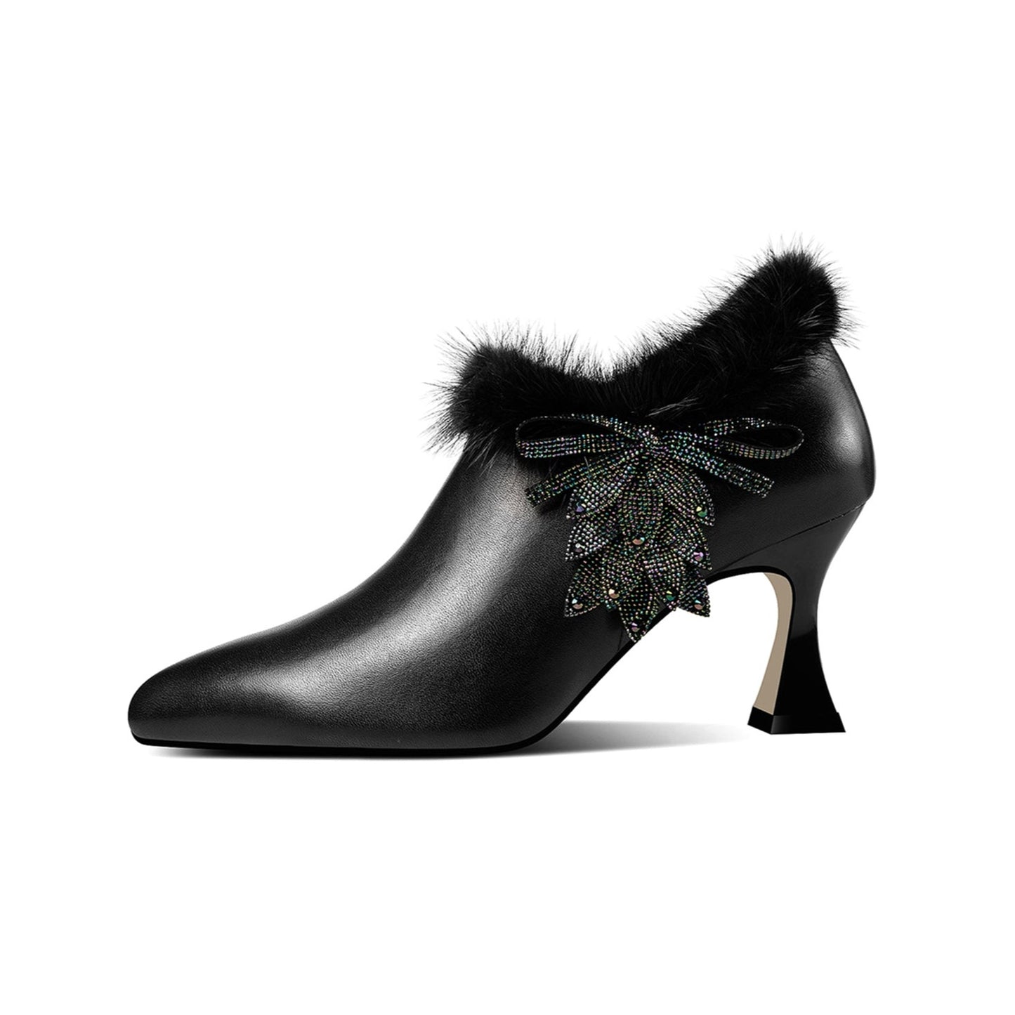 Nine Seven Women's Handmade Genuine Leather High Spool Heel Side Zip Up Floral Pattern and Fur Design Oxford Pumps