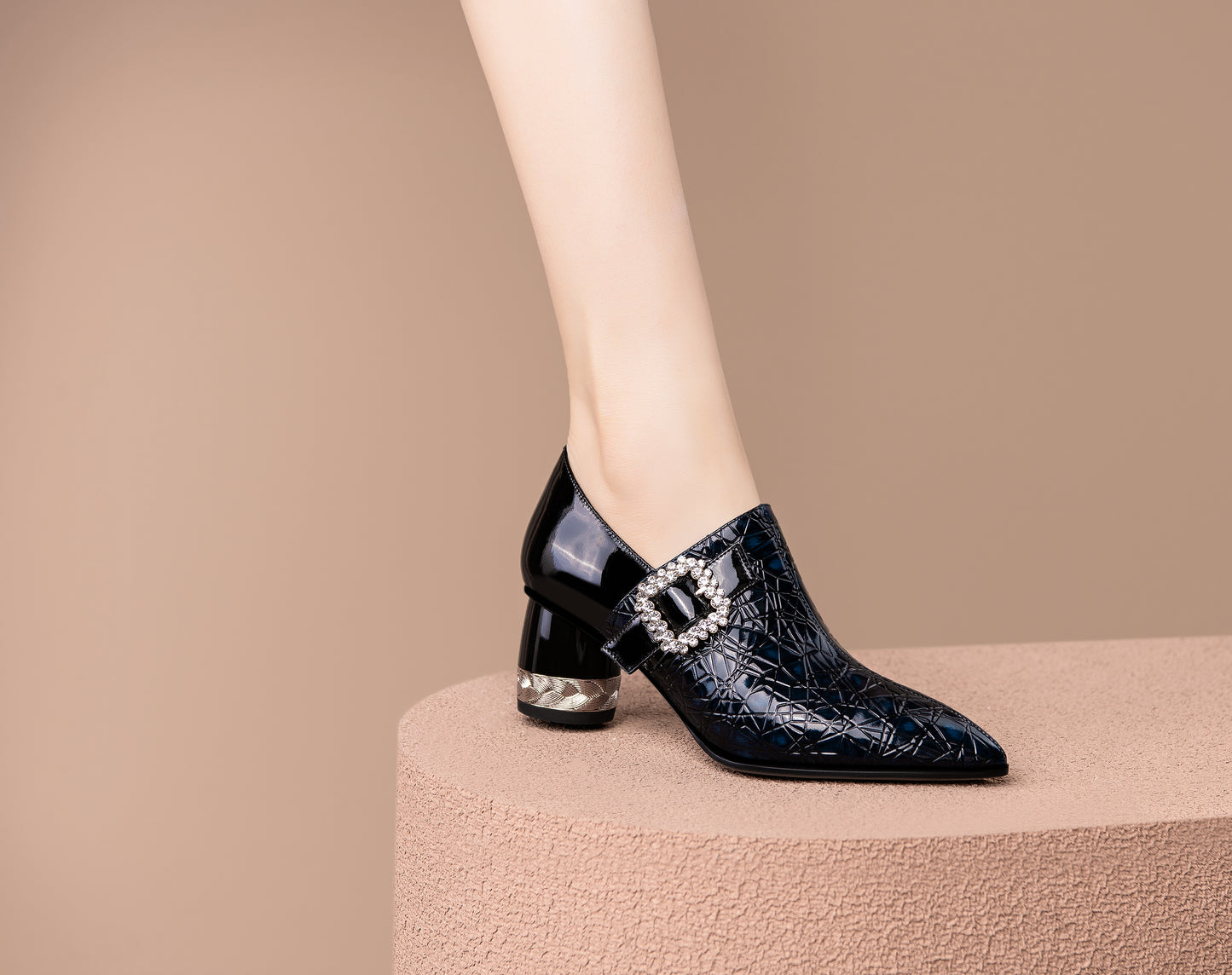 Nine Seven Pointed Toe Patent Leather Handmade Zipper with Buckle Mid Cone Heels Women's Pumps