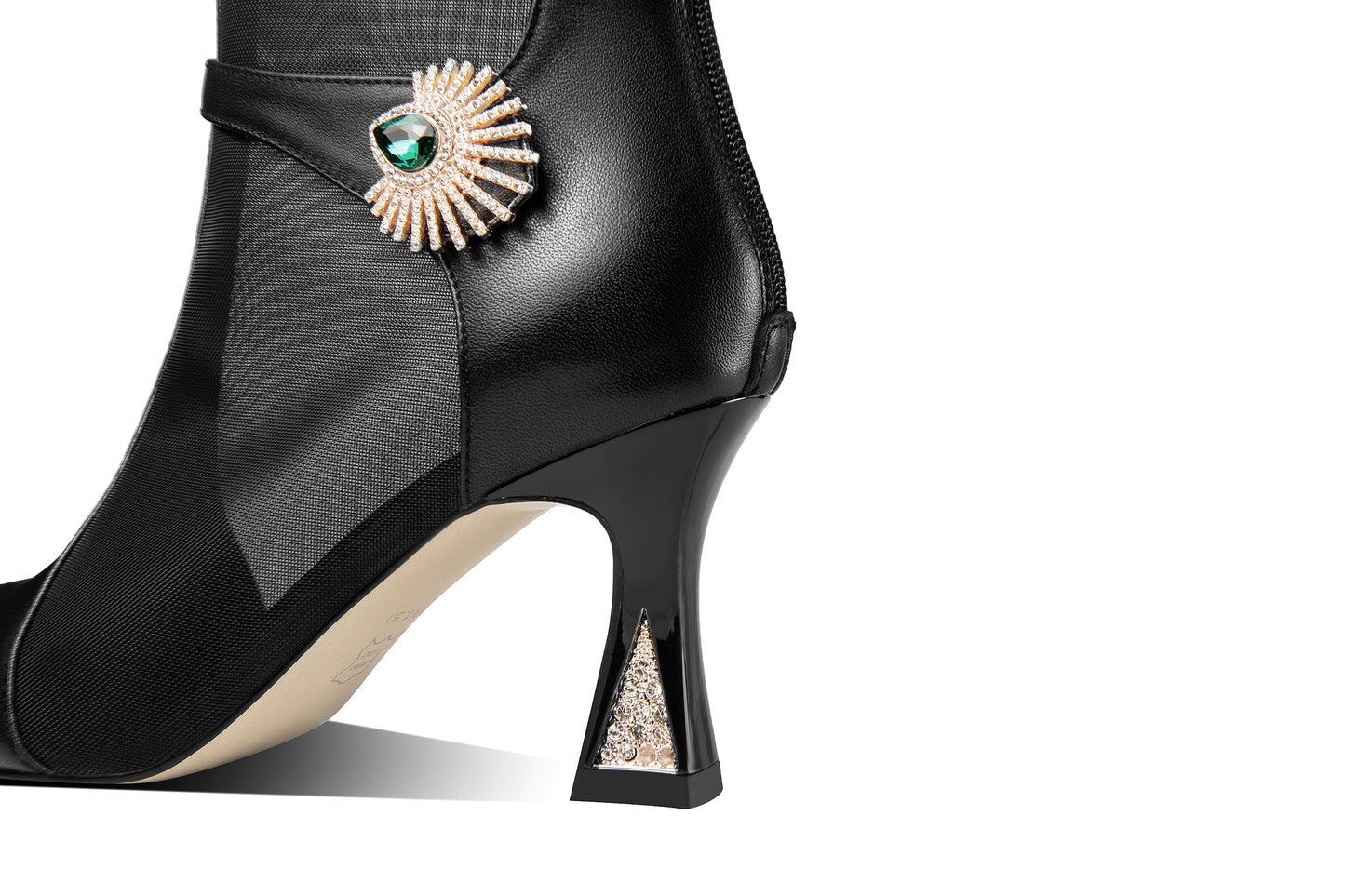 Nine Seven Women's Handmade Genuine Leather and Mesh Zip Up Spool Heel Summer Ankle Boots with Green Crystal