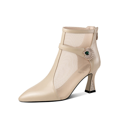 Nine Seven Women's Handmade Genuine Leather and Mesh Zip Up Spool Heel Summer Ankle Boots with Green Crystal