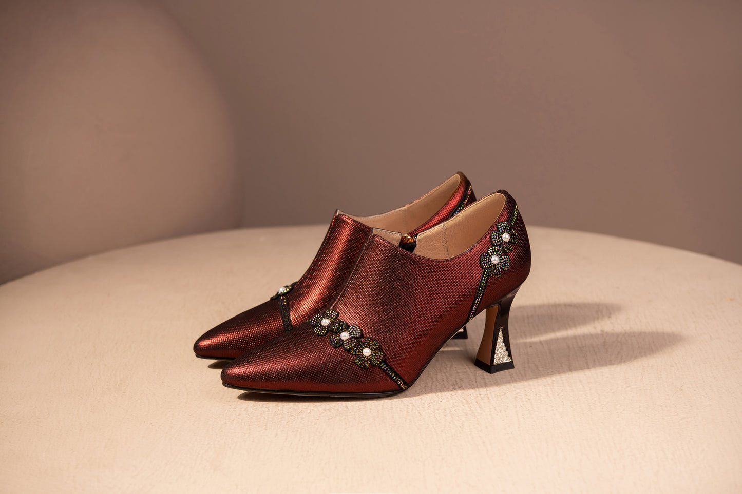 Nine Seven Handmade Women's Genuine Leather Rhinestones Pearls Flowers Side Zipper Pointed Toe Mid Spool Heel Pumps