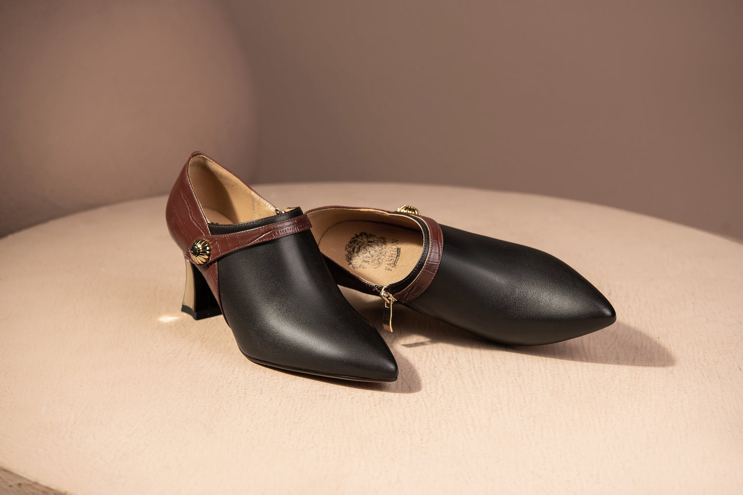 Nine Seven Handmade Women's Genuine Leather Stitching Color Side Zipper Pointed Toe Mid Spool Heel Pumps Shoes