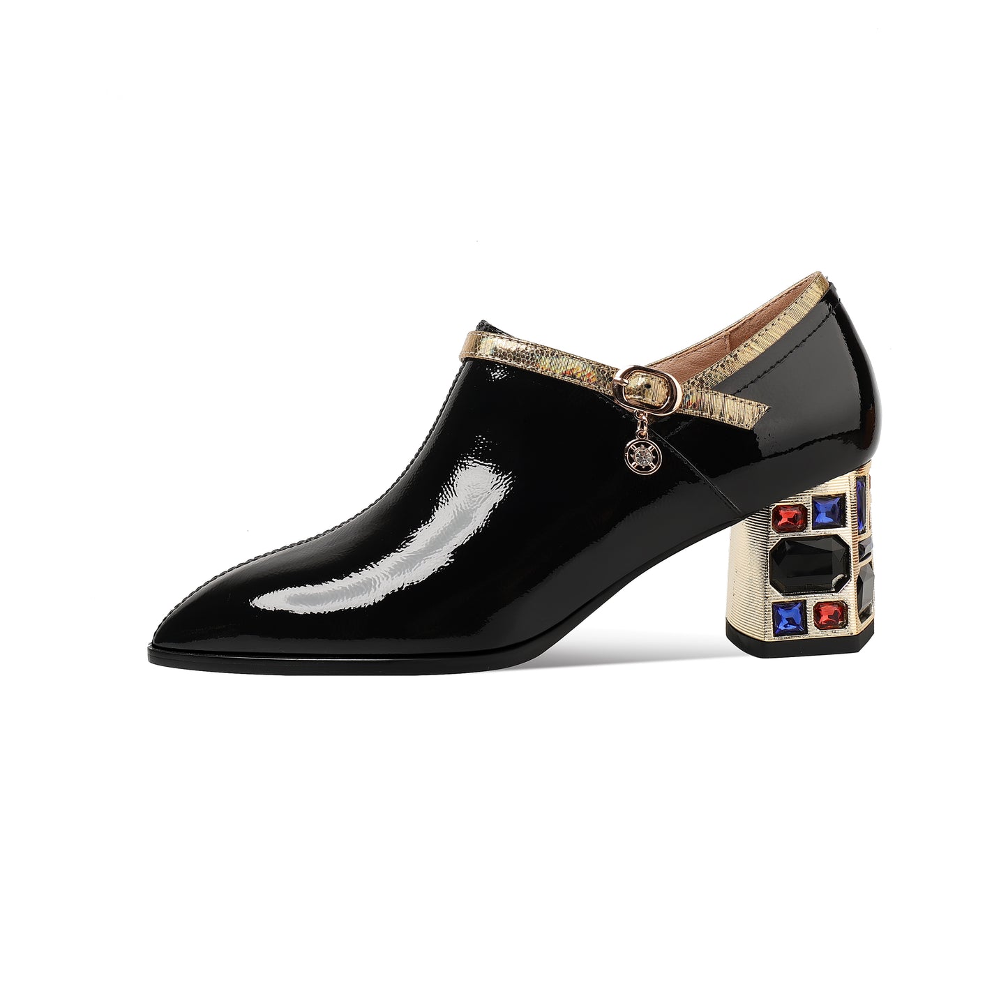 Nine Seven Women's Patent Leather Side Zipper Handmade Mid Chunky Heels with Jewelry Elegant Pumps Shoes