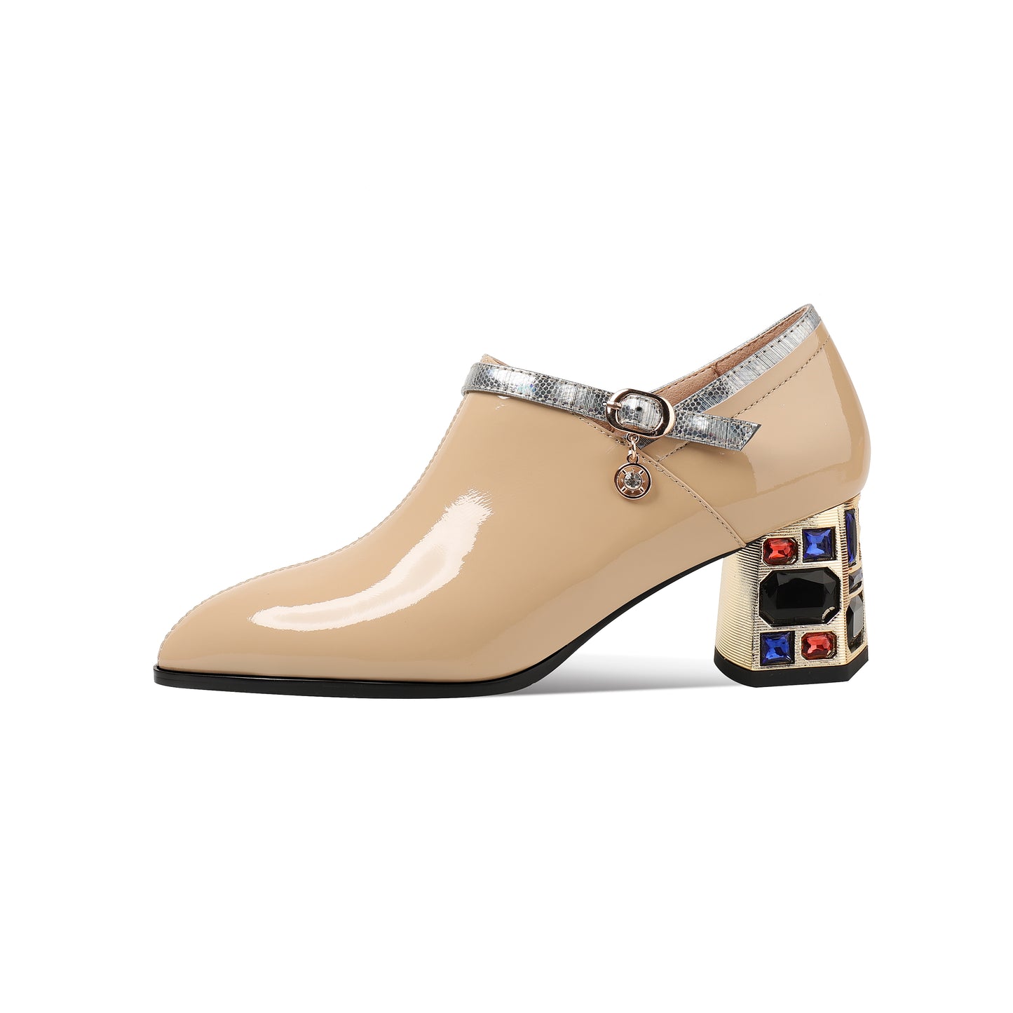 Nine Seven Women's Patent Leather Side Zipper Handmade Mid Chunky Heels with Jewelry Elegant Pumps Shoes