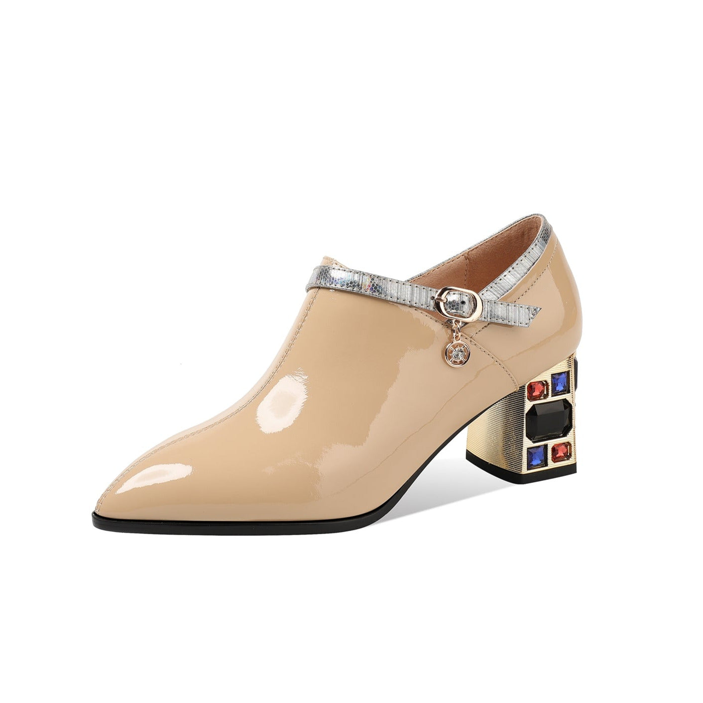 Nine Seven Women's Patent Leather Side Zipper Handmade Mid Chunky Heels with Jewelry Elegant Pumps Shoes