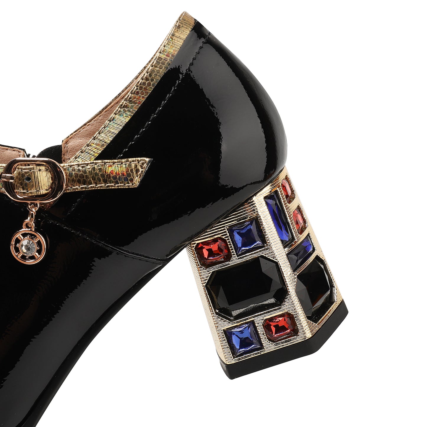 Nine Seven Women's Patent Leather Side Zipper Handmade Mid Chunky Heels with Jewelry Elegant Pumps Shoes