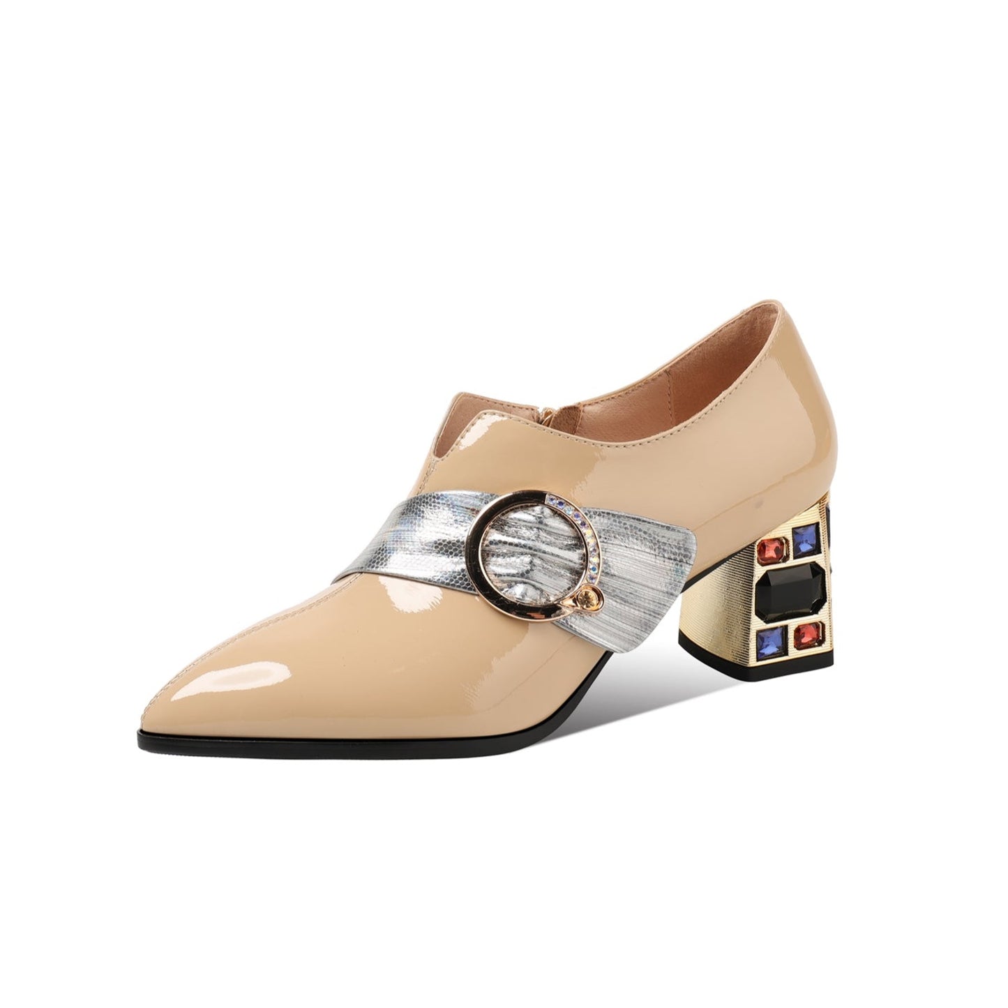 Nine Seven Women's Patent Leather Pointed Toe Side Zipper Handmade Jewelry Chunky Heels Pumps with Buckle