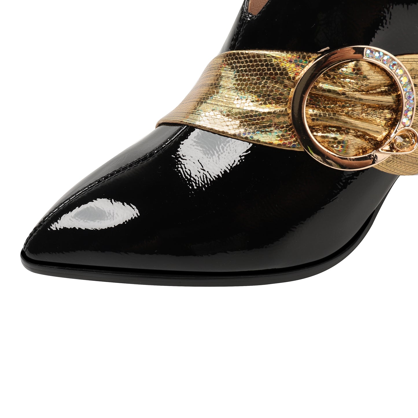 Nine Seven Women's Patent Leather Pointed Toe Side Zipper Handmade Jewelry Chunky Heels Pumps with Buckle