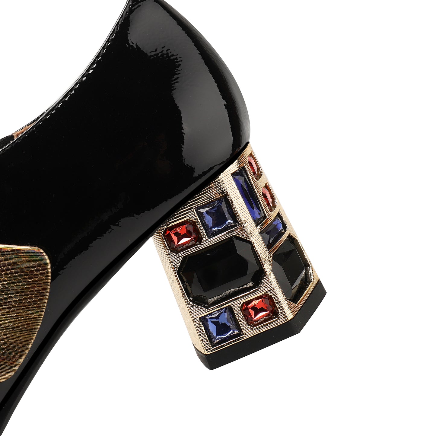 Nine Seven Women's Patent Leather Pointed Toe Side Zipper Handmade Jewelry Chunky Heels Pumps with Buckle