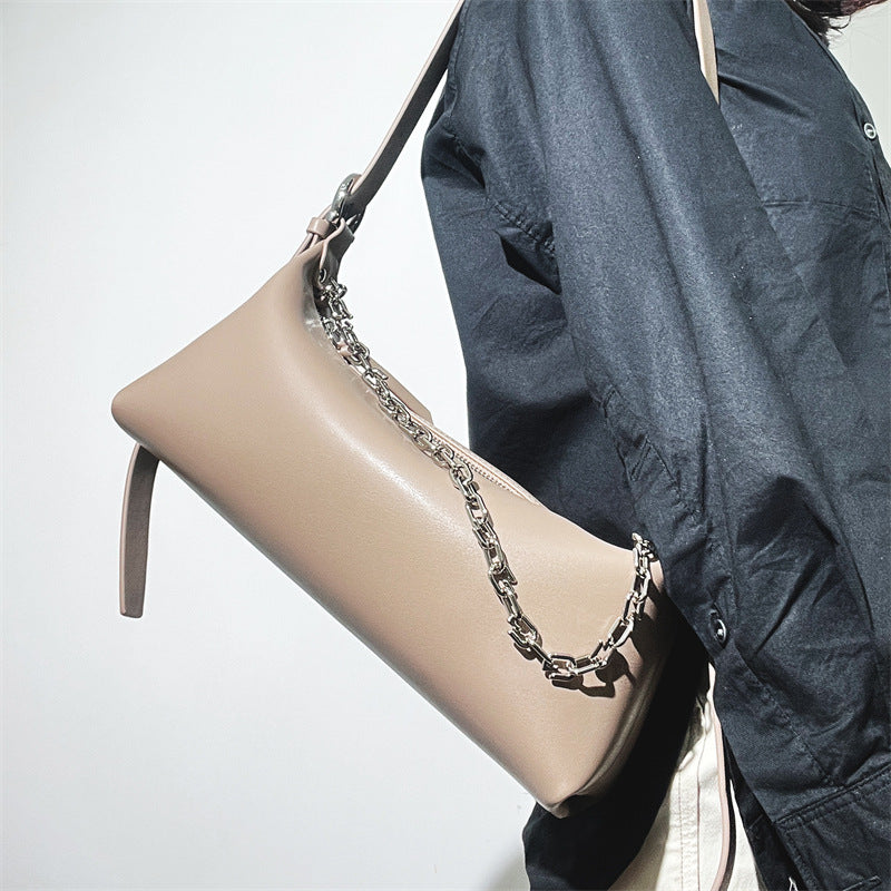 Nine Seven Genuine Leather Women's Handmade Chain Decor Zip Up Shoulder Bag