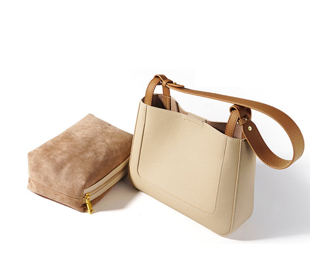 Nine Seven Shoulder Bag Genuine Leather Women's Handmade Silk Scarf Decor Inner Subbag Tote Handbag