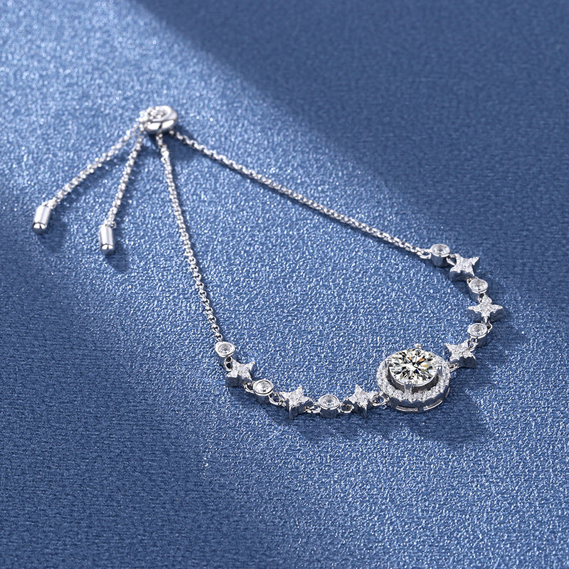 Glitter Stars Design Bracelet Adjustable Slider Chain Strand for Women Genuine Moissanite S925 Sterling Silver Jewelry