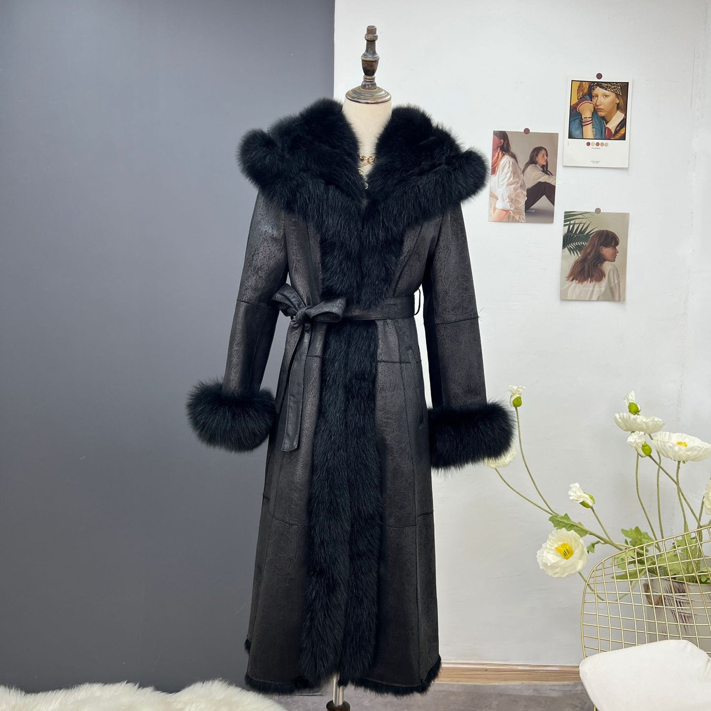 Nine Seven Rabbit and Fox Fur Parkas Suede Nap Women's Overcoat Long Coat Customization