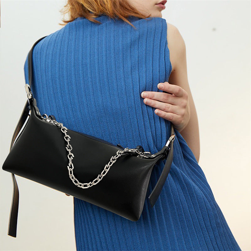 Nine Seven Genuine Leather Women's Handmade Chain Decor Zip Up Shoulder Bag