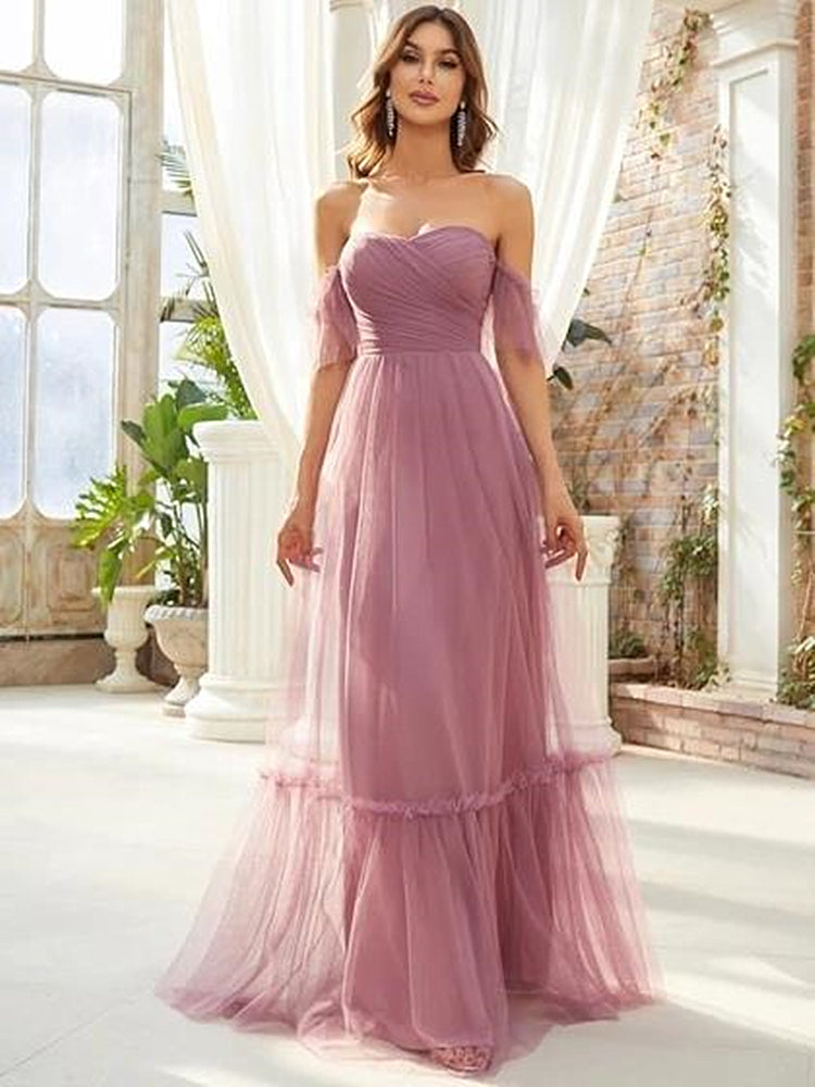 Nine Seven Women's Off Shoulder Back Zip Up A-Line Evening Party Anniversary Summer Dress