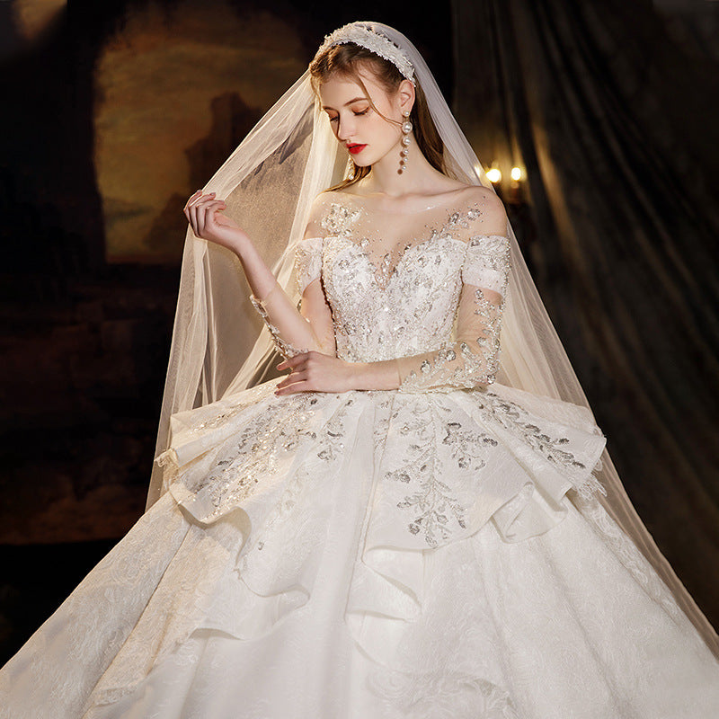 Nine Seven Floral Appliques V-Neck Off Shoulder Long Sleeves Ruffle Lace Up Cathedral Train Wedding Dress