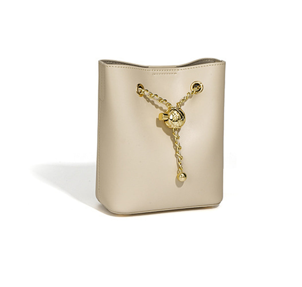 Nine Seven Genuine Leather Women's Handmade Mini Bucket Crossbody Shoulder Bag with Mental Ball Decor