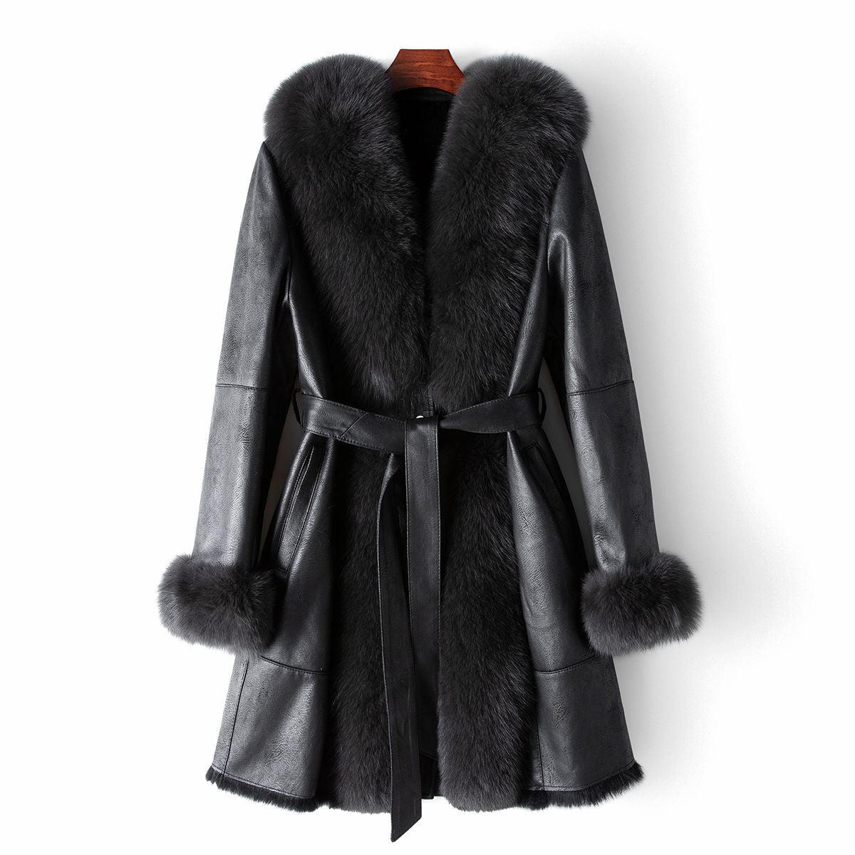 Nine Seven Fox Fur Collar Genuine Leather Rabbit Fur Women's Belt Overcoat Winter Long Coat Customization