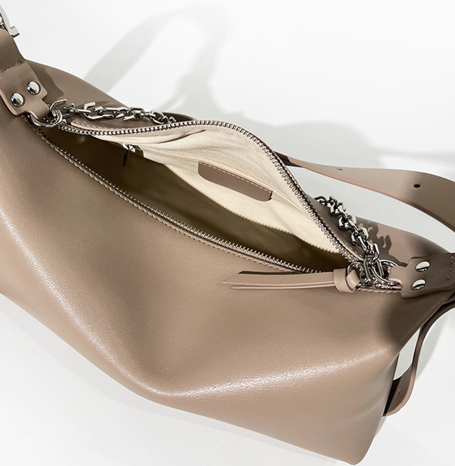 Nine Seven Genuine Leather Women's Handmade Chain Decor Zip Up Shoulder Bag