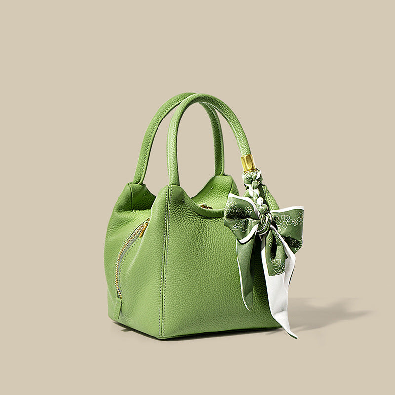 Nine Seven Crossbody Bucket Bag Women's Genuine Leather Handmade Zip Up Silk Scarf Decor Handbag Tote Shoulder Bags