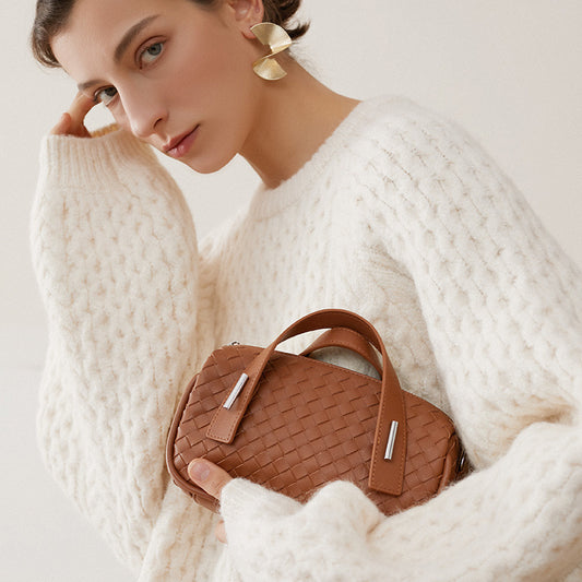 Nine Seven Tote Handbag Women's Genuine Leather Weaving Handmade Clutches Crossbody Bags