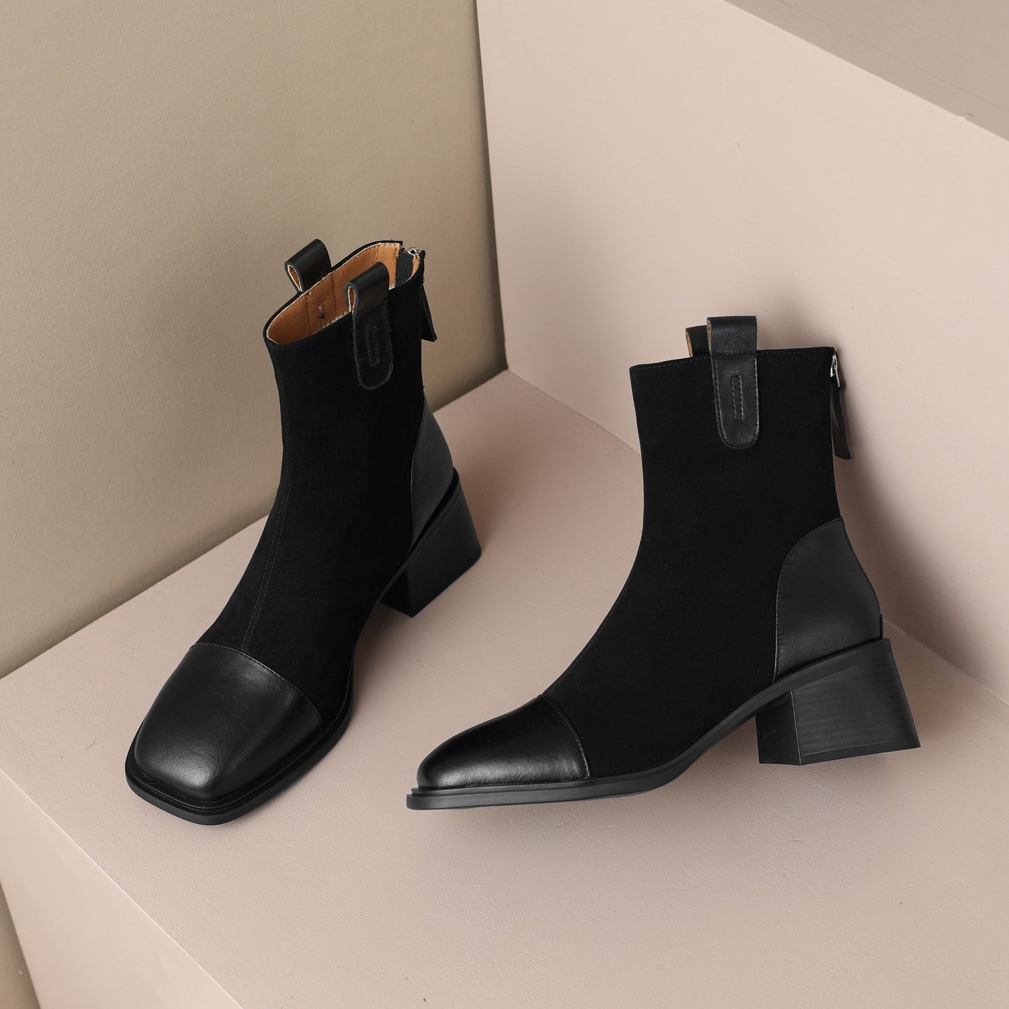 Nine Seven Handmade Women's Suede Leather Cap Toe Back Zip Mid Block Heel Charming Calf-High Boots