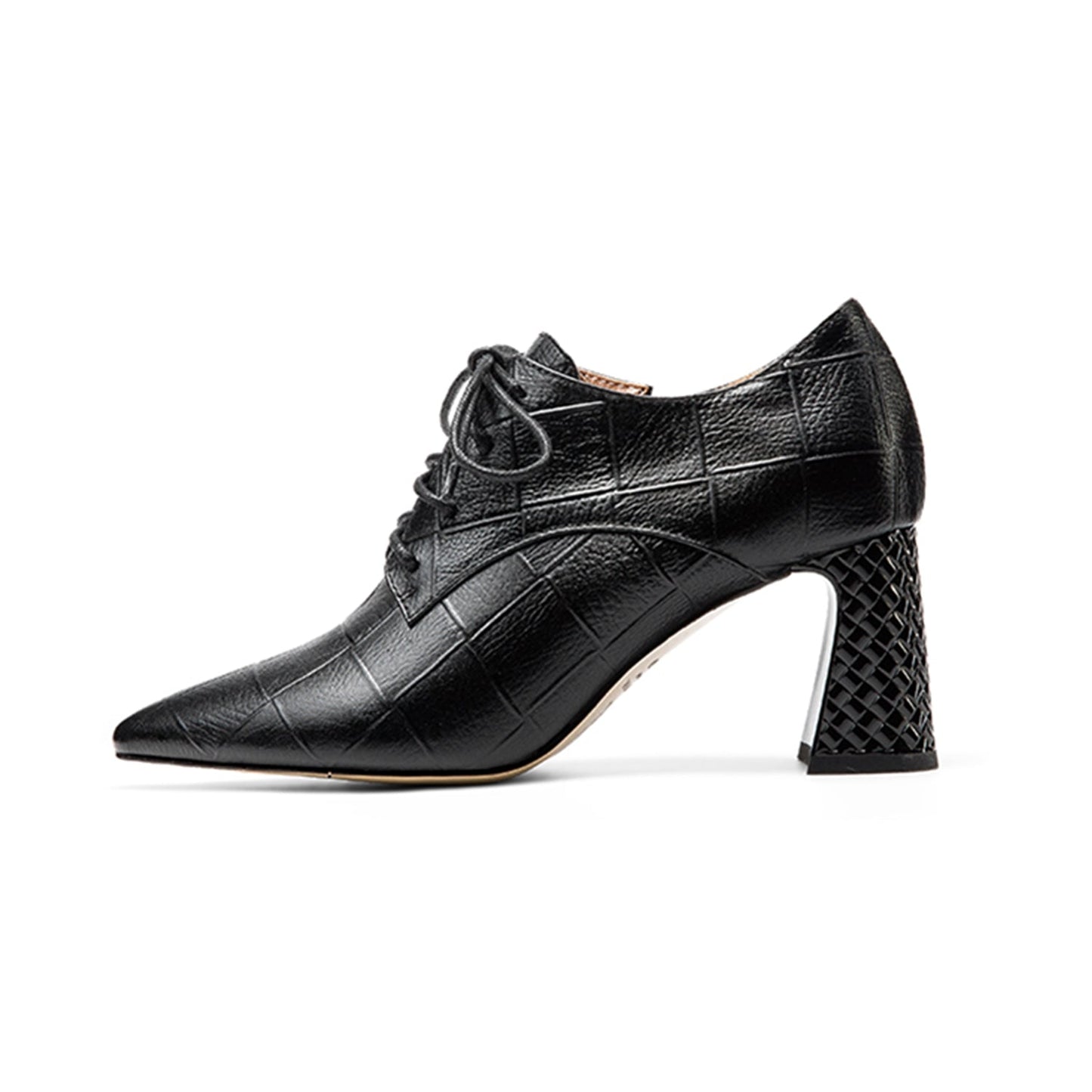 Nine Seven Women's Genuine Leather Handmade Pointed Toe Mid Chunky Heel Lace Up Modern Pump Shoes with Side Zip