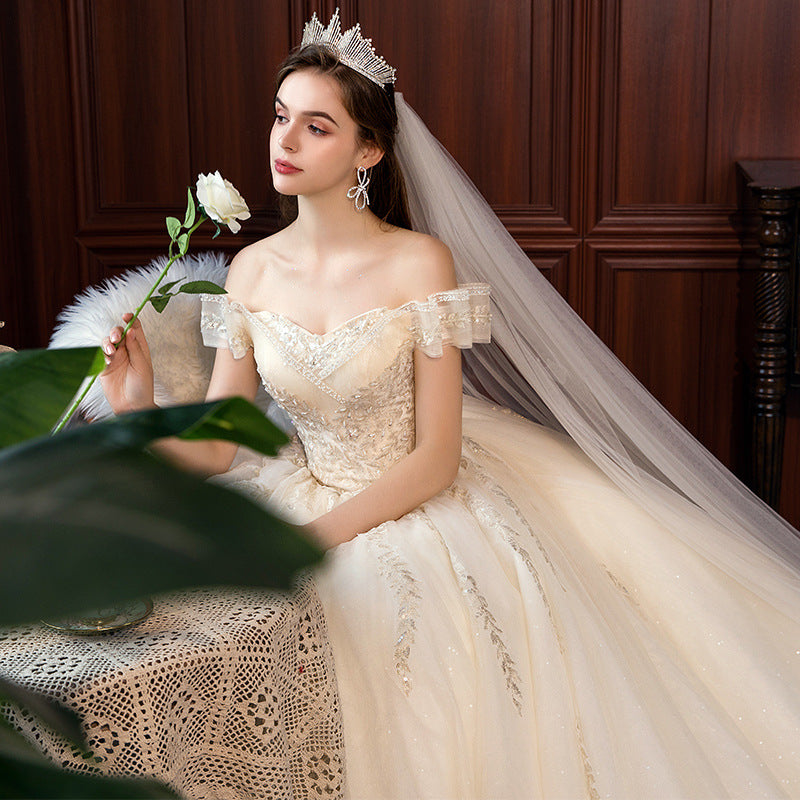 Nine Seven Appliques Sleeveless Off Shoulder Lace Up A-Line Ball Grown Wedding Dress