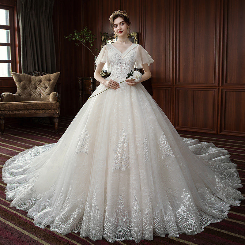 Nine Seven V-Neck Appliques Short Sleeve Pearls A-Line Wedding Dress