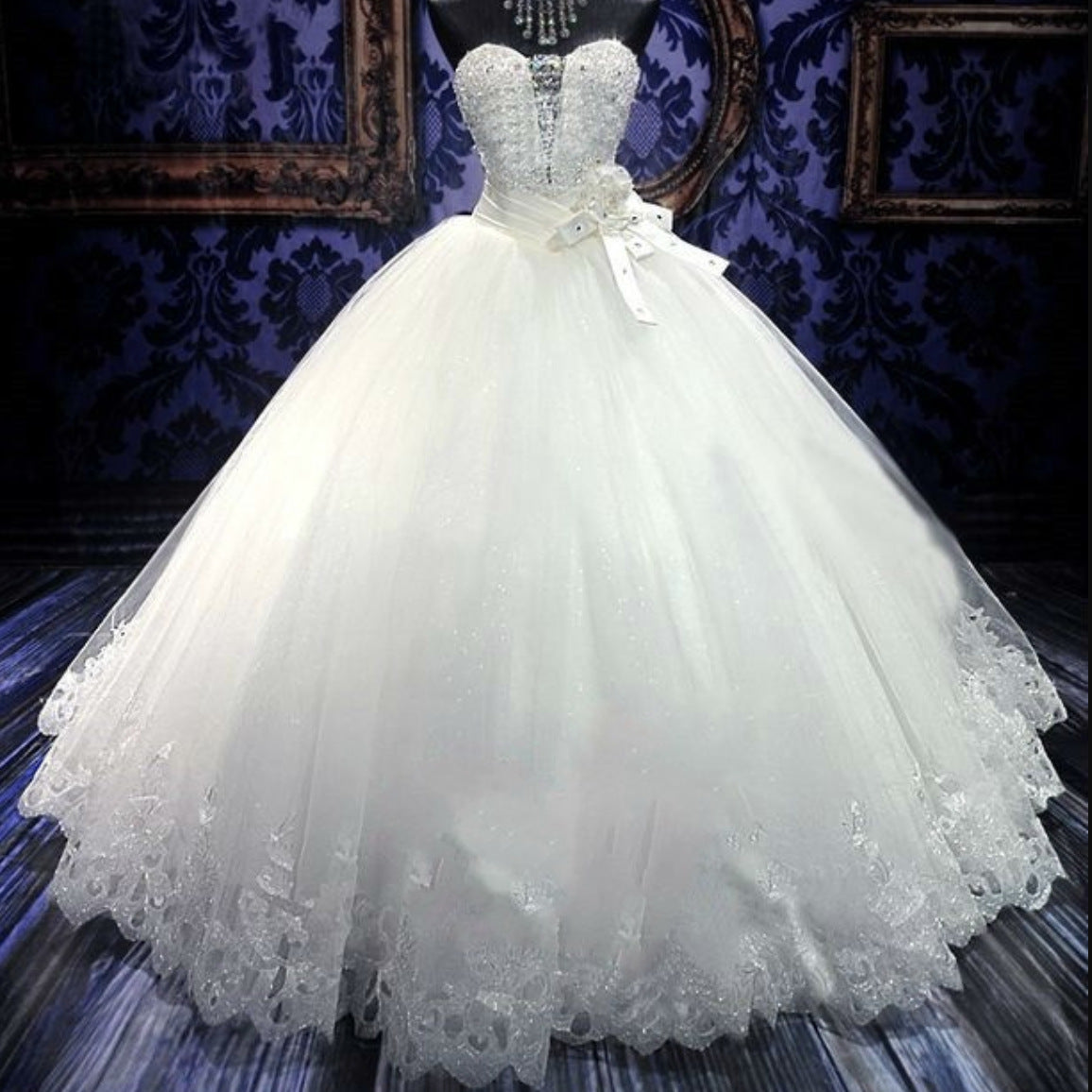 Nine Seven Crystal Sequins Sleeveless Lace Up Ball Grown Princess Wedding Dress