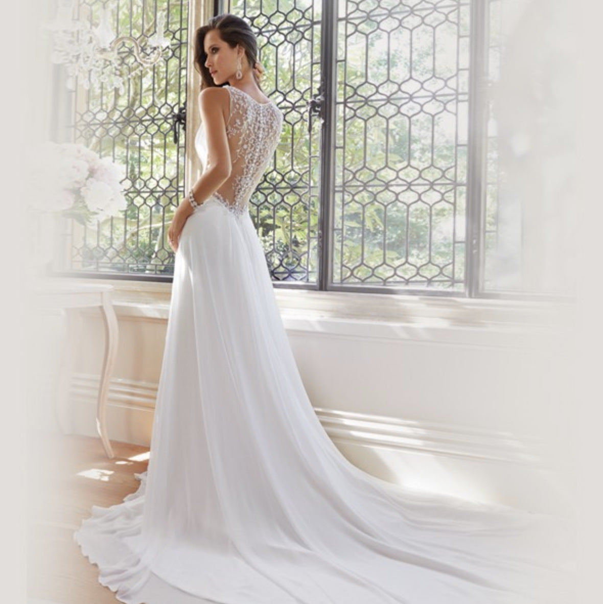 Nine Seven A-Line Appliques Pleated Plunging V-Neckline Court Train Wedding Dress
