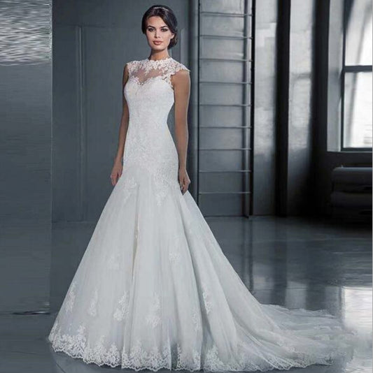 Nine Seven Mermaid Jewel Neck Court Train Appliques Sleeveless Wedding Dress