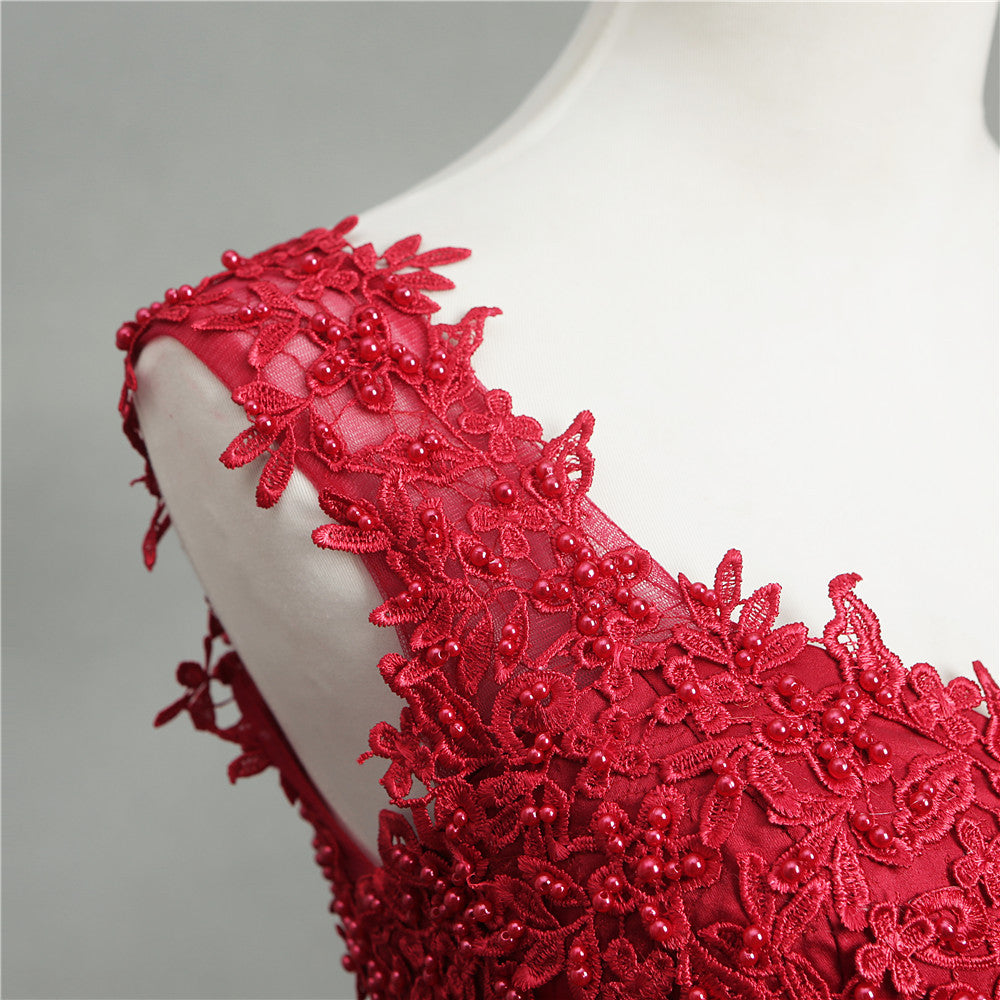 Nine Seven Red Pearls Bridal Lace Appliques Straps A-Line Wedding Dress