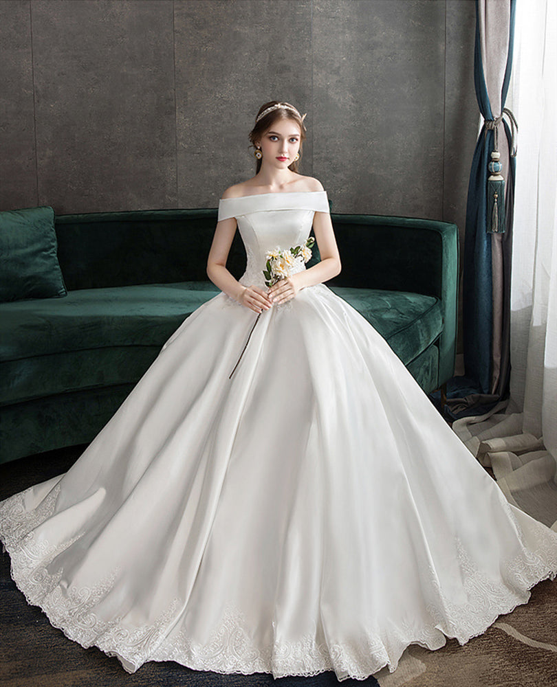 Nine Seven Appliques Bridal Lace Up Off Shoulder A-Line Satin Wedding Dress