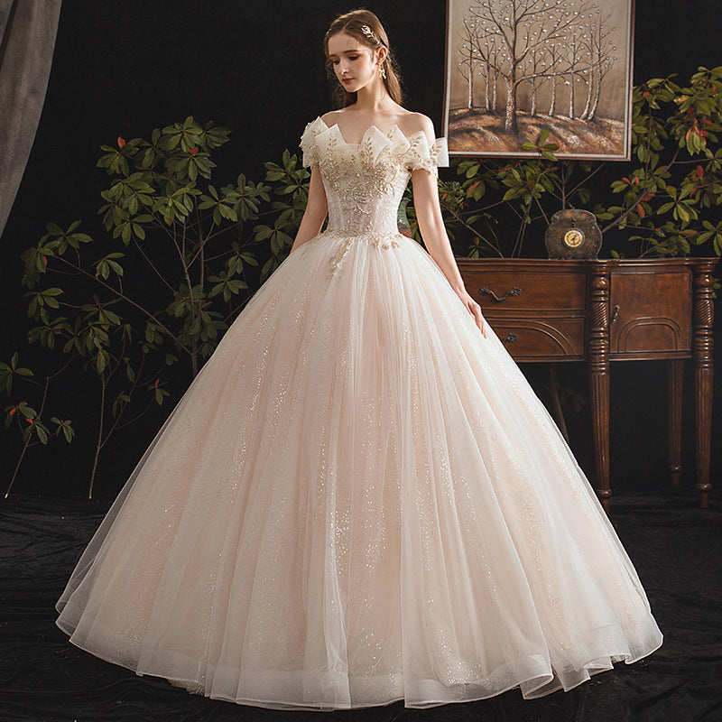 Nine Seven Leaves Appliques Glitter Sequines Lace Up Unique Design Off Shoulder Wedding Dress