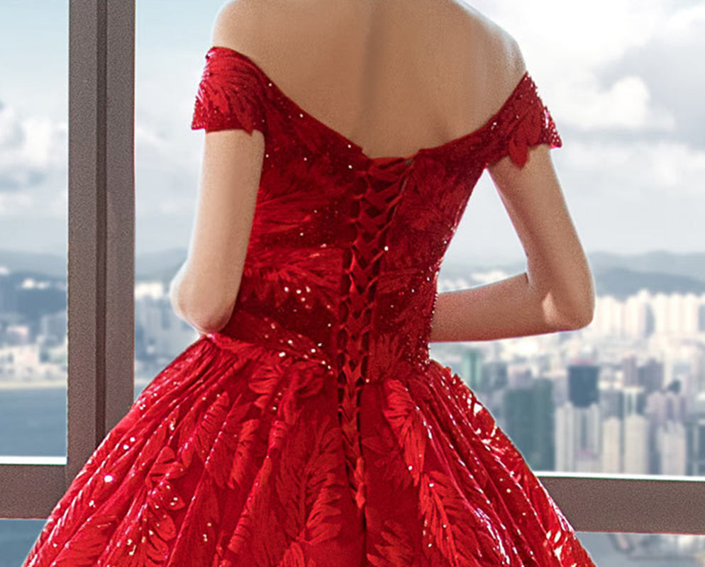 Nine Seven Bridal Dresses Appliques Glitter Sequines Off Shoulder Leaves Red Wedding Dress