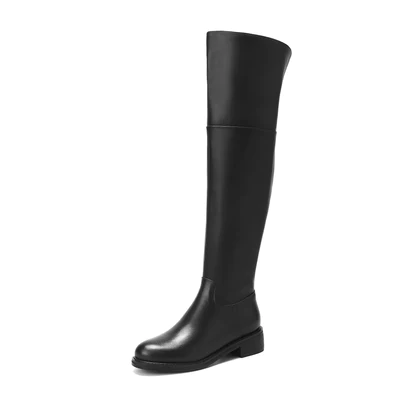 Nine Seven Women's Genuine Leather Round Toe Handmade Half Side Zipper Low Chunky Heel Over Knee Boots