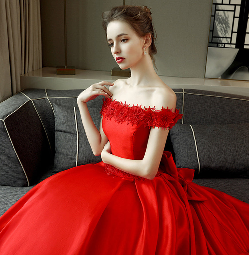 Nine Seven Off Shoulder Lace Flower Bowknot Decor A-Line Red Wedding Dress