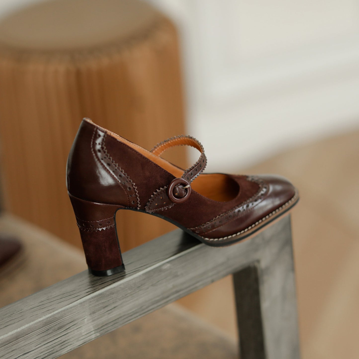 Nine Seven Women's Genuine Leather Handmade Lace Buckle Slip On Square Toe High Block Heel Mary Jane Pumps Shoes