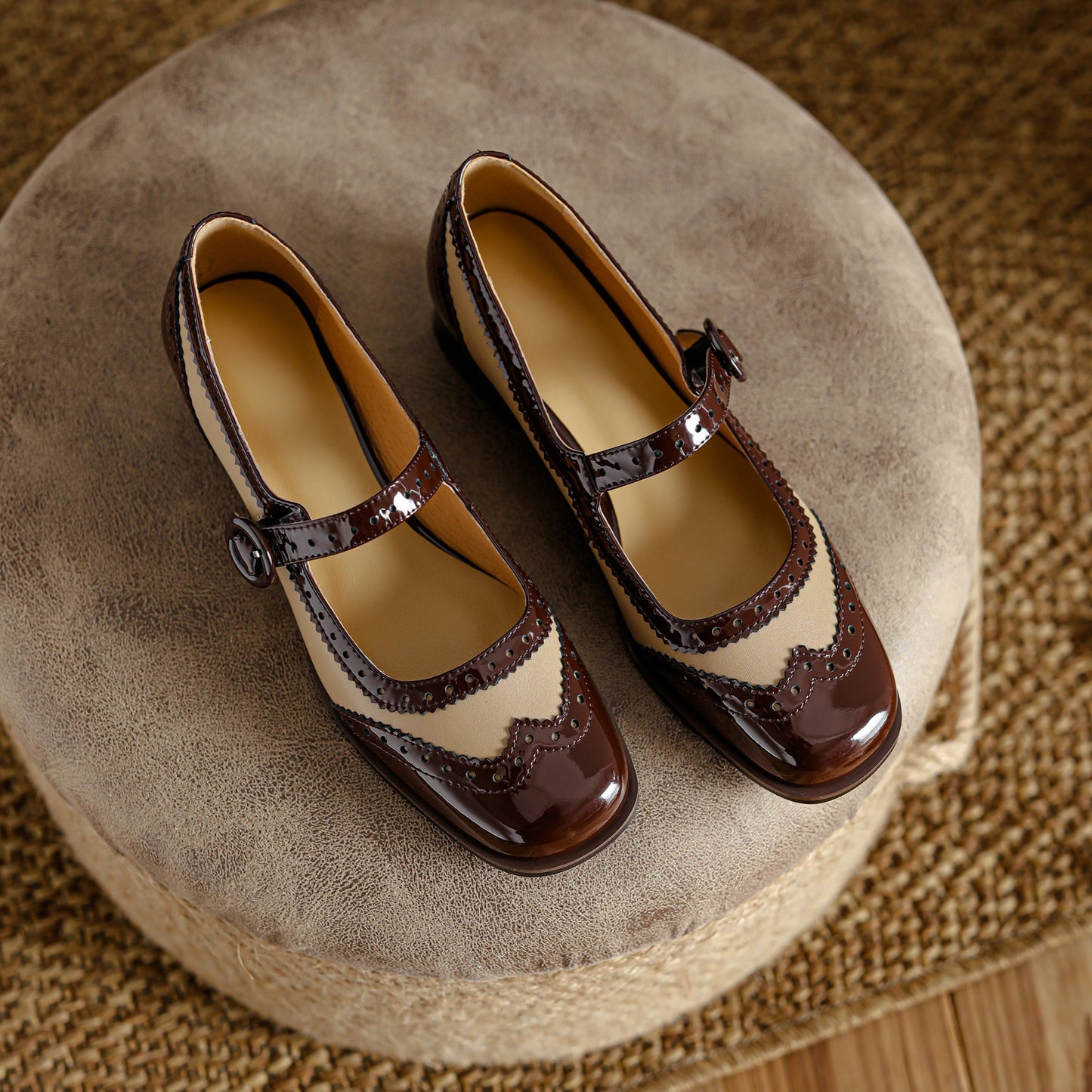 Nine Seven Women's Patent Leather Handmade Lace Buckle Round Toe Low Block Heel Mary Jane Flats Shoes