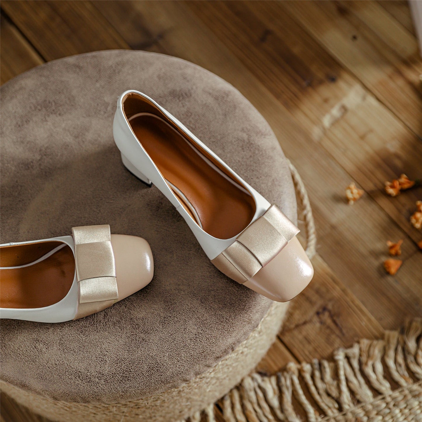 Nine Seven Genuine Leather Women's Handmade Square Toe Block Heel Assorted Color Loafer Pumps Shoes with Bowknot