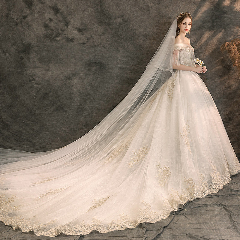 Nine Seven Off Shoulder Pearls Floral Appliques Short Sleeves A-Line Bridal Wedding Dress