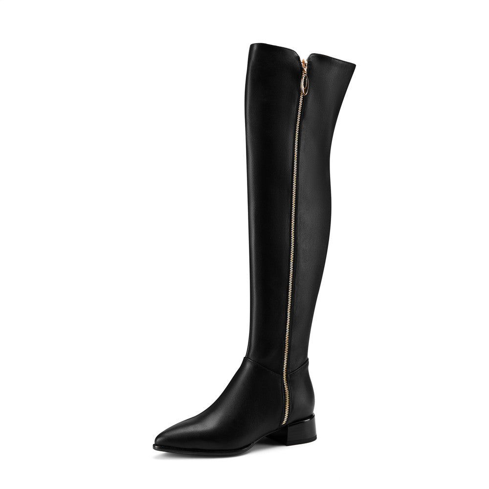 Nine Seven Women's Genuine Leather Handmade Pointed Toe Side Zip Low Chunky Heel Chic Plus-size Customized Circumference Over Knee Boots